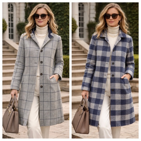 J Mclaughlin Jackets & Blazers - J. McLaughlin Reversible Wool Blend Plaid Coat Gray Blue Classic S 38138